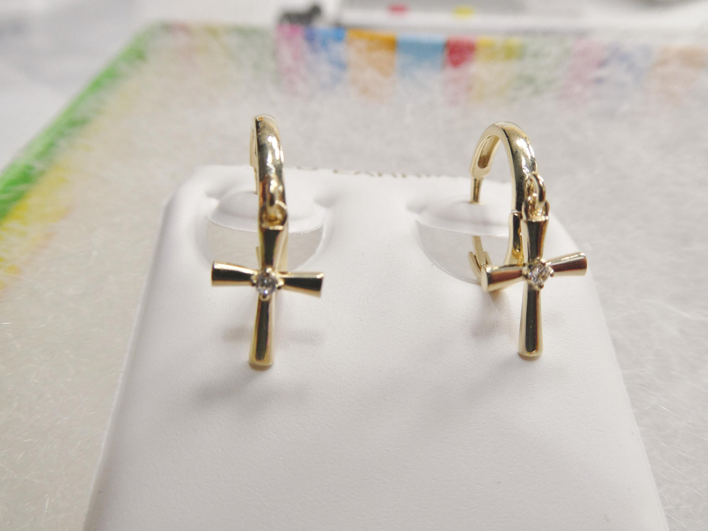 real 10k solid yellow gold cross dropping designer earrings