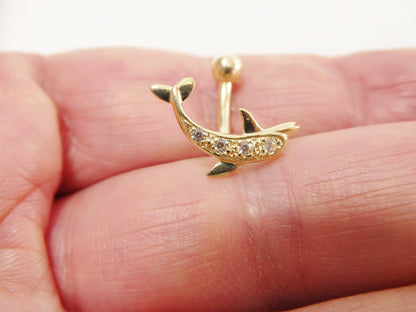 14k Real Solid Yellow Gold Fish Shape Belly Button Ring Piercing