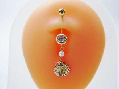 14k Real Solid Yellow Gold Mother of Pearl Turtle Belly Button Ring Piercing