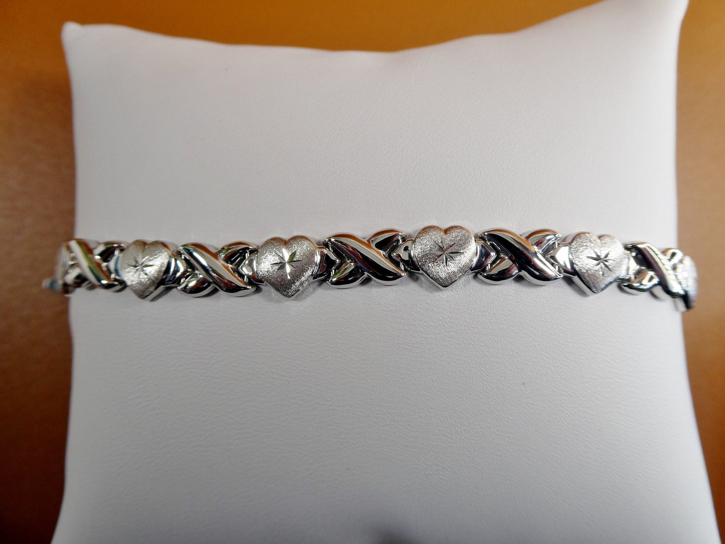 8 inch xoxo heart stampato bracelet 14k white gold color finish over real 925 sterling silver
