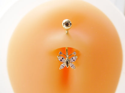 14k Real Solid Yellow Gold Butterfly Belly Button Ring Piercing