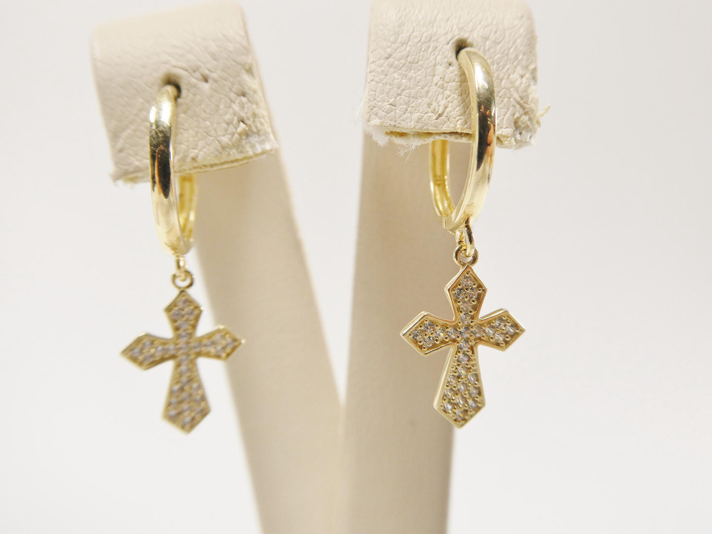 real 10k solid yellow gold cross dropping hoop huggie earring