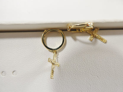 Real 10k Solid Yellow Gold Cross Dropping Hoop Huggie Earrings
