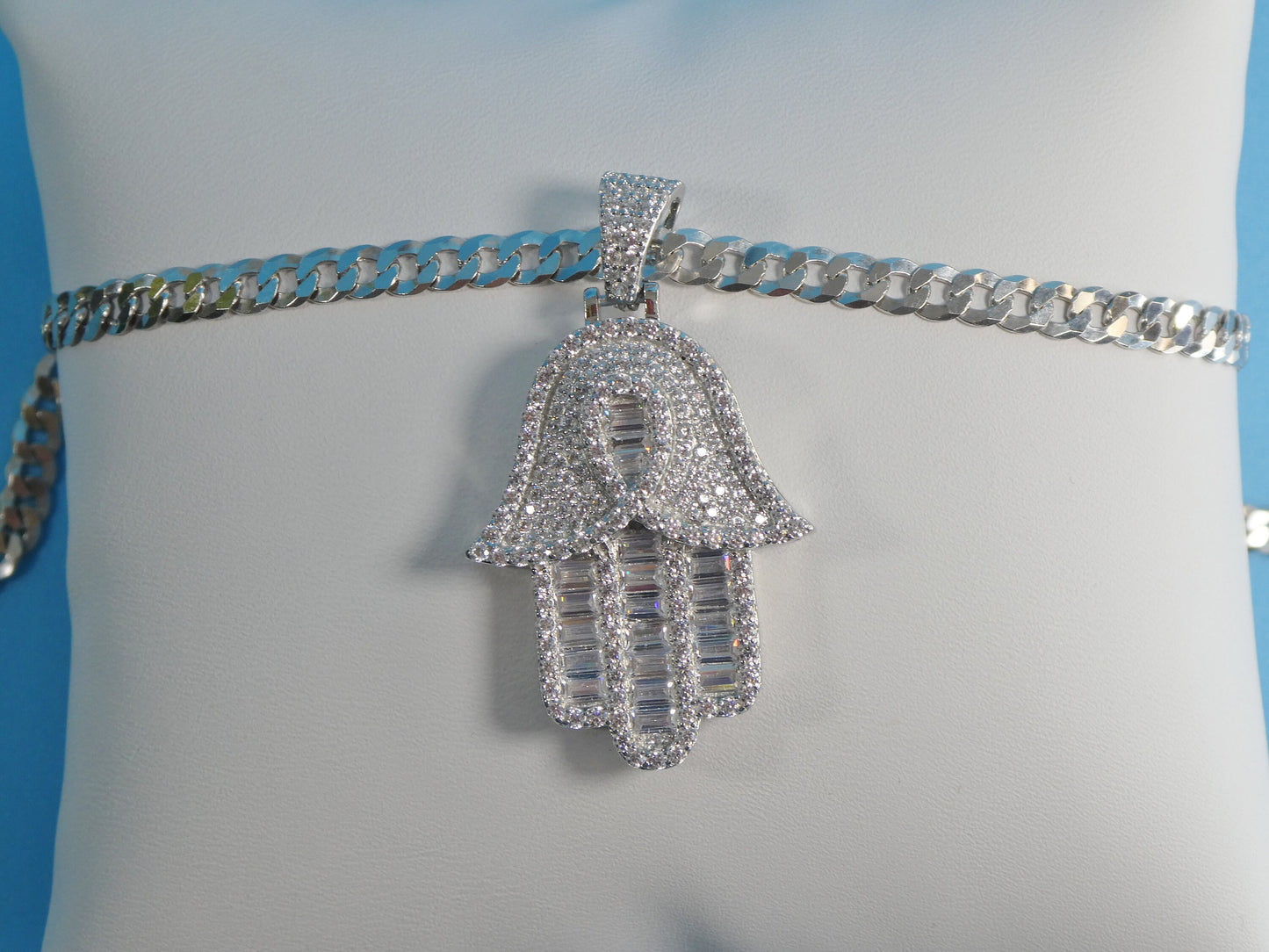 14k white gold color tone chain and large hamsa evil eye charm pendent over real 925 sterling silver