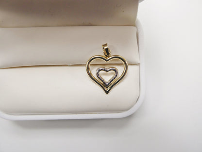 14k Real Solid Yellow Gold Two Tone Double Heart Pendent and Robe Necklace