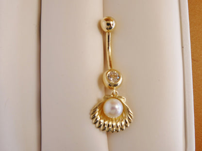 14k Real Solid Yellow Gold Freshwater Pearl Shell Belly Button Ring Piercing
