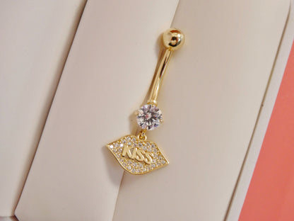 14k Real Solid Yellow Gold Dangling Logo Kiss Lips Belly Button Ring Piercing