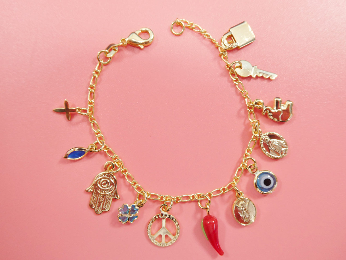 6 inch 18k gold filled multi full dangling charm Figaro style baby bracelet