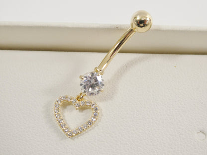 14k Real Solid Yellow Gold Dangling Heart Belly Button Ring Piercing
