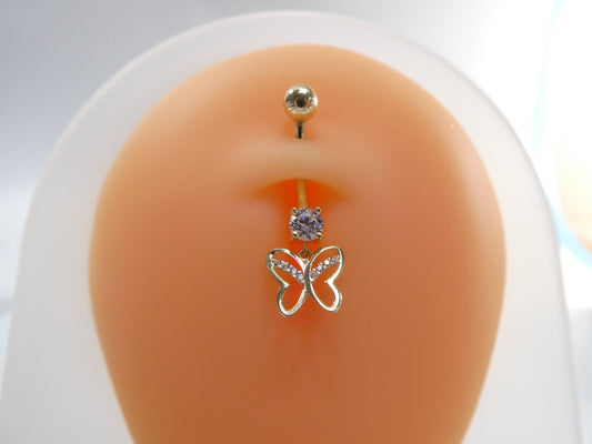 14k real solid yellow gold butterfly dangling belly button ring piercing