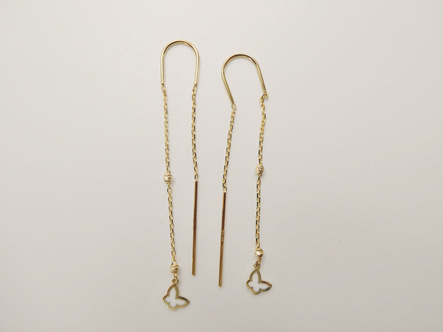 14k real solid yellow gold butterfly enamel long dangling earrings