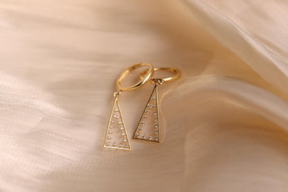 Real 10k Solid Yellow Gold Pyramid Triangle Hoop Huggie Earrings