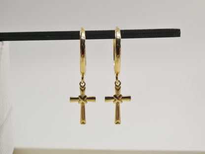 Real 10k Solid Yellow Gold Hoop Huggie Dangle Plain Cross Earrings