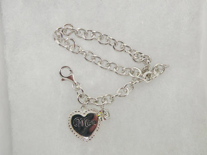 Real 7 Inch 925 Sterling Silver Cable Mom Heart Bracelet