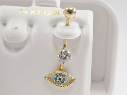 14k Real Solid Yellow Gold Evil Eye Dangling Belly Button Ring Piercing