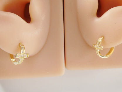 Real 10k Solid Yellow Gold Cross Hoop Huggie Earring