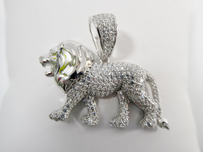 Real 925 Sterling Silver Full Stone Setting Large Lion Pendent