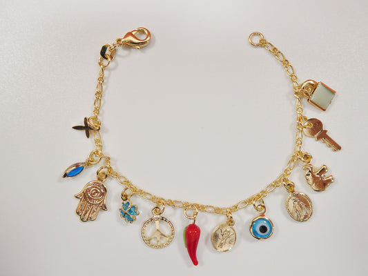 6 inch 18k gold filled multi full dangling charm Figaro style baby bracelet