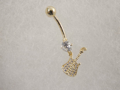 14k Real Solid Yellow Gold Guitar Dangling Belly Button Ring Piercing