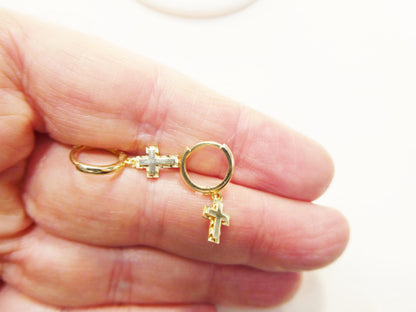 Real 10k Solid Yellow Gold Cross Dropping Hoop Huggie Earrings