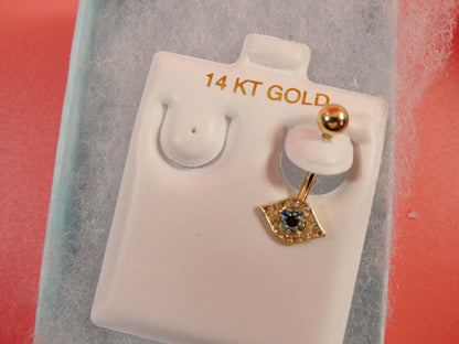 14k Real Solid Yellow Gold Evil Eye Belly Button Ring Piercing