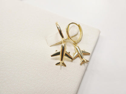 Real 10k Solid Yellow Gold Airplane Hoop Huggies Earrings