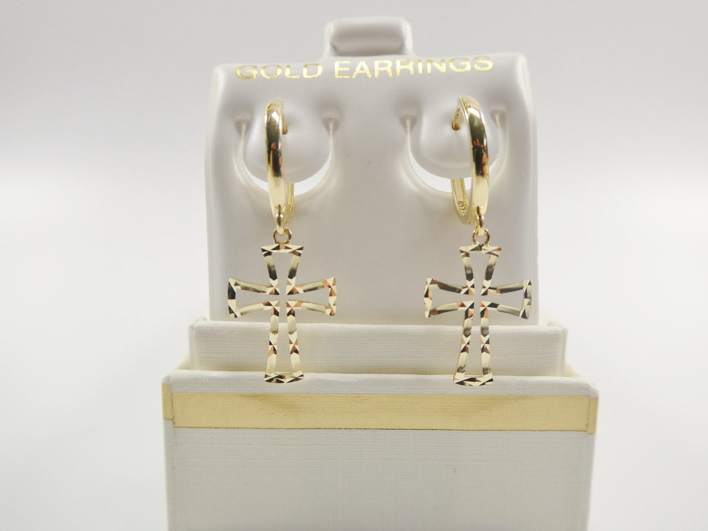 10k real yellow gold cross dangle plain huggie earrings