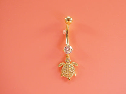 14k Real Solid Yellow Gold Dangling Turtle Belly Button Ring Piercing