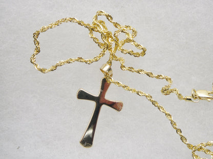 14k Real Solid Yellow Gold Super Polish Cross Pendent and Robe Necklace