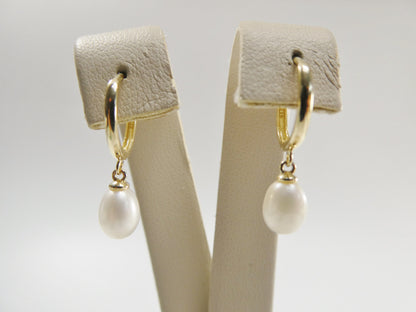 Real 10k Solid Yellow Gold Dangling Cultured Freshwater Pearl  Plain Hoop Huggie Earrings