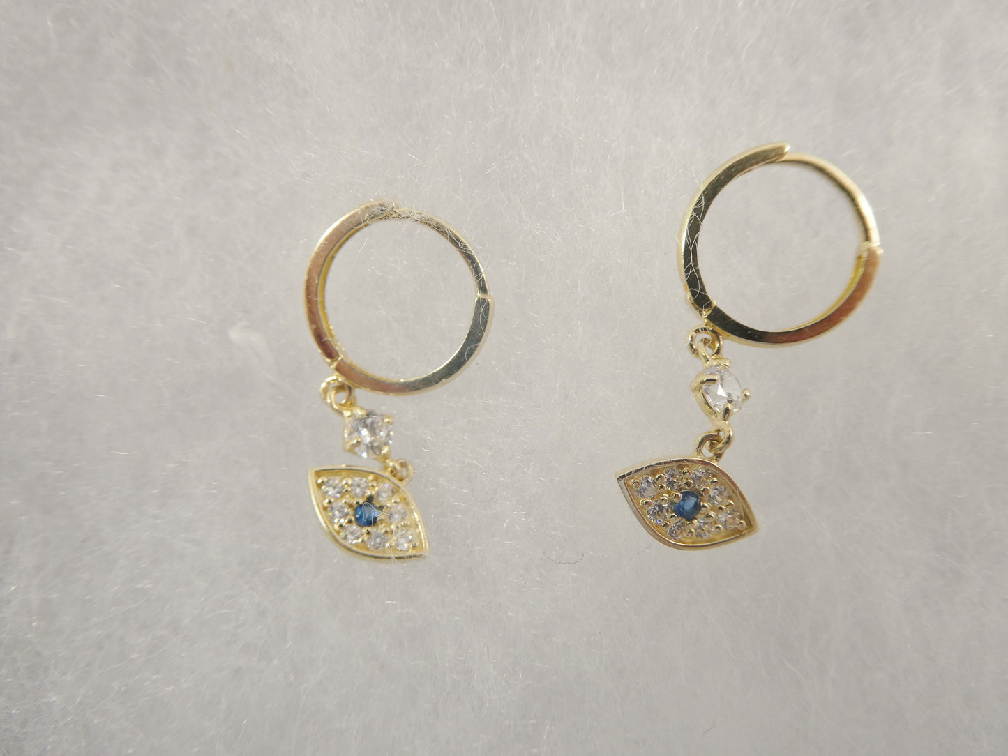 10k real yellow gold evil eye dangle  plain huggie earrings