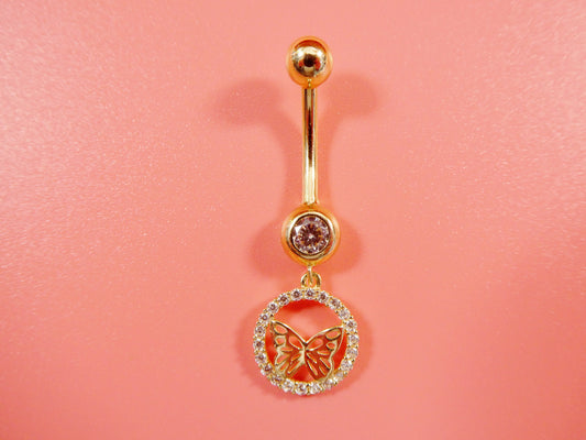 14k real solid yellow gold dangling circle butterfly belly button ring piercing