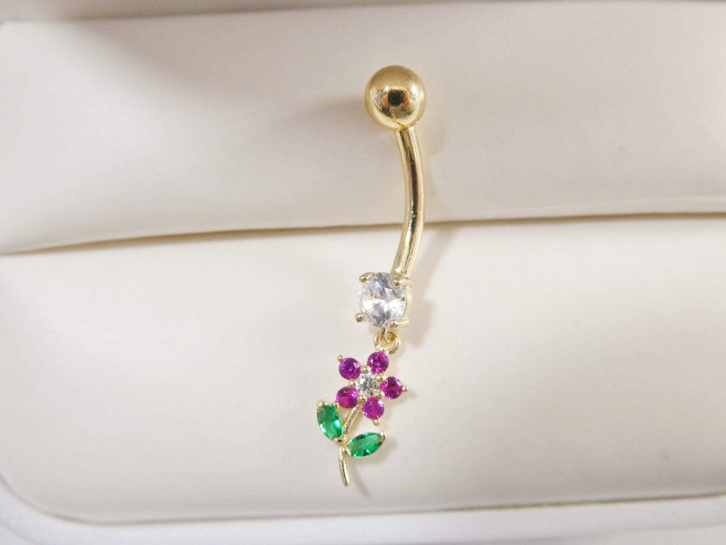 14k real solid yellow gold color leaf flower dangling belly button ring piercing