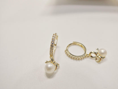 Real 10k Solid Yellow Gold Designer Pearl Drop Hoop Huggie Earrings