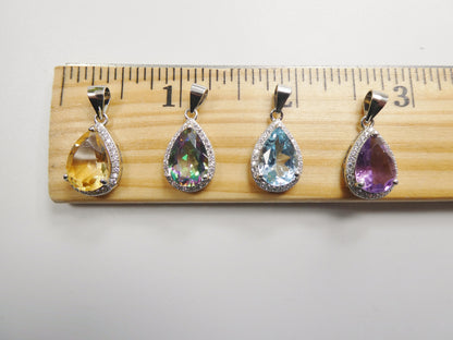 Real 925 Sterling Silver 18 Inch Flat Chain and Genuine <ystic Teardrop Pendent Charm