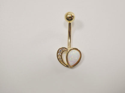 14k Real Solid Yellow Gold Heart Shape Opal Belly Button Ring piercing