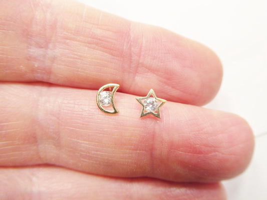 10k real solid gold moon and star push back earrings