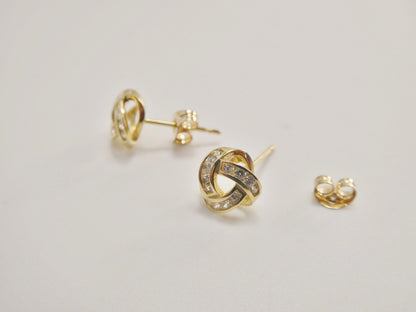 Real 10k Solid Yellow Gold Push Post Full Stone Setting Love Knot Stud Earrings