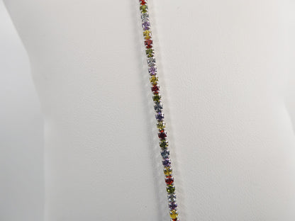 Real 925 Sterling Silver Multi-Color Rainbow Anklet Tennis Bracelet With Extension