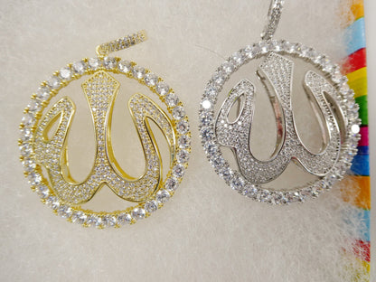 Real 925 Sterling Silver Large Muslim Allah Pendent Full ice Stone Charm