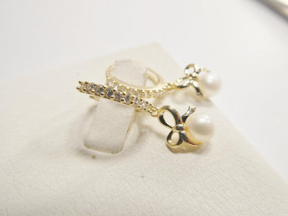 Real 10k Solid Yellow Gold Designer Pearl Drop Hoop Huggie Earrings
