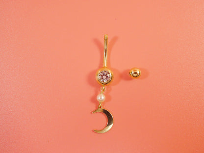 14k Real Solid Yellow Gold Dangling Moon Belly Button Ring Piercing