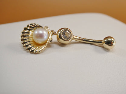 14k Real Solid Yellow Gold Freshwater Pearl Shell Belly Button Ring Piercing