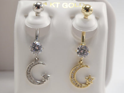 14k Real Solid Yellow Gold Dangling Moon And Star Belly Button Ring Piercing
