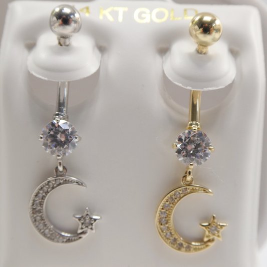 14k Real Solid Yellow Gold Dangling Moon And Star Belly Button Ring Piercing
