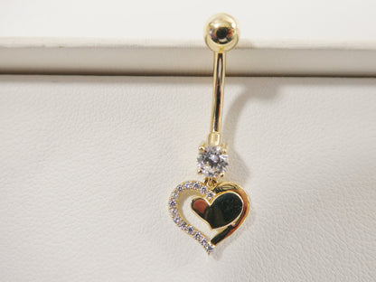 14k Real Solid Yellow Gold Heart Dangling Belly Button Ring Piercing
