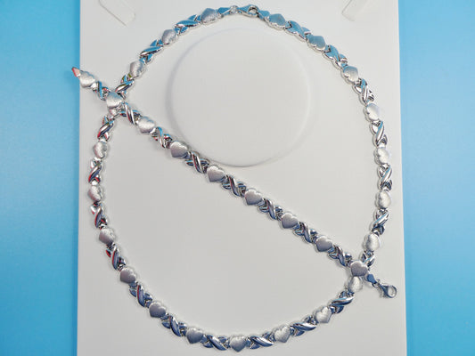 14k white gold color tone set necklace and bracelet xo heart satin finish over real 925 sterling silver
