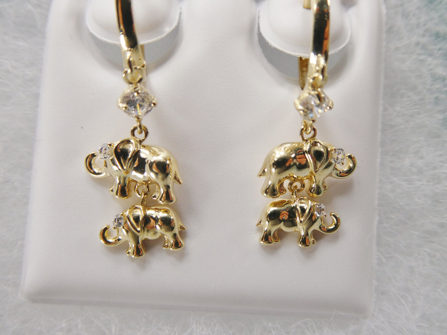 real 10k solid yellow gold double elephant dangling hoop huggie earrings