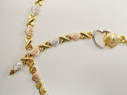 Real 925 Sterling Silver Double Heart xo Heart Tri Color Set Necklace And Bracelet