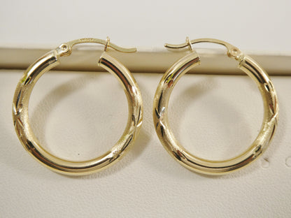 14K Real Solid Yellow Gold 25mm Round Hoop Earrings Snap Closure Diamond Cut Finish
